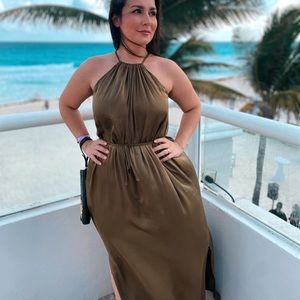 Raquel Allegra Green Rayon Maxi Dress Sz L Ajustable Size GUC